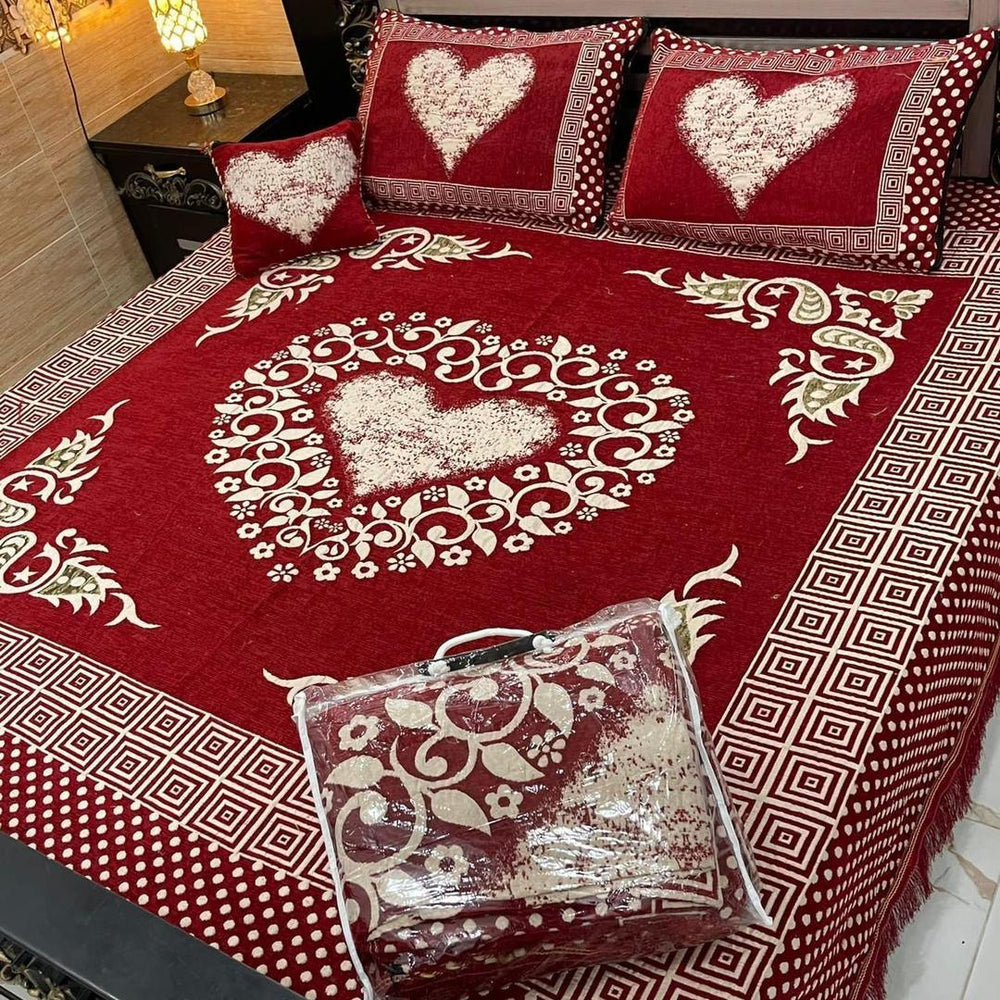 Luxurious Velvet Jacquard Double Bedsheet Set - 4 Pcs with Printed Design in Red
