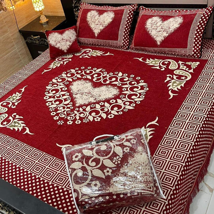 Luxurious Velvet Jacquard Double Bedsheet Set - 4 Pcs with Printed Design in Red
