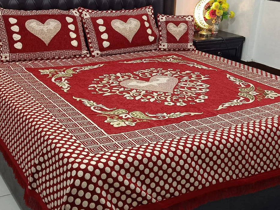 Luxurious Velvet Jacquard Double Bedsheet Set - 4 Pcs with Printed Design in Red